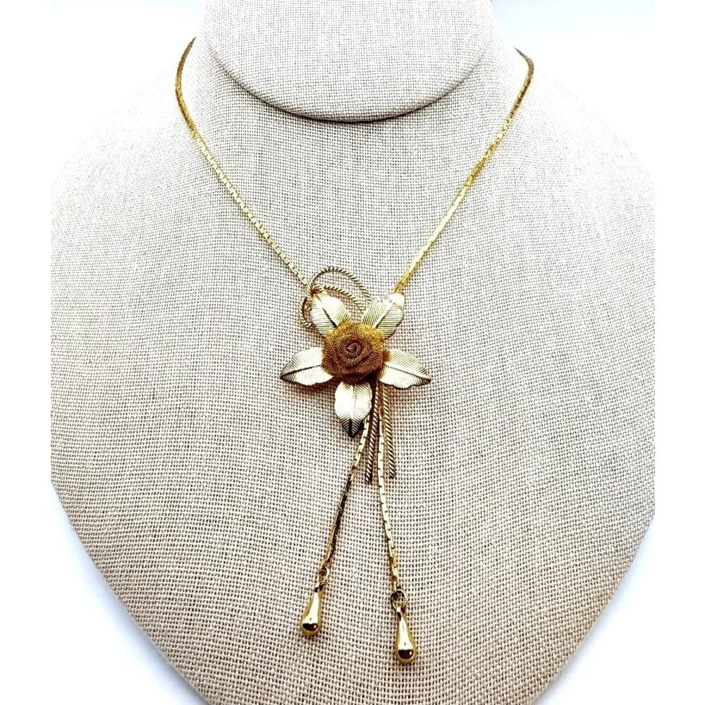 Vintage 1950s Mid Century Gold Tone Mesh Flower Lariat Bolo Pendant Necklace 28"